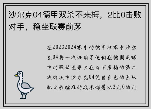沙尔克04德甲双杀不来梅，2比0击败对手，稳坐联赛前茅