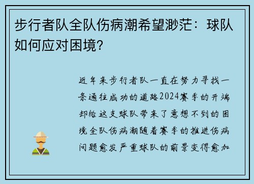 步行者队全队伤病潮希望渺茫：球队如何应对困境？